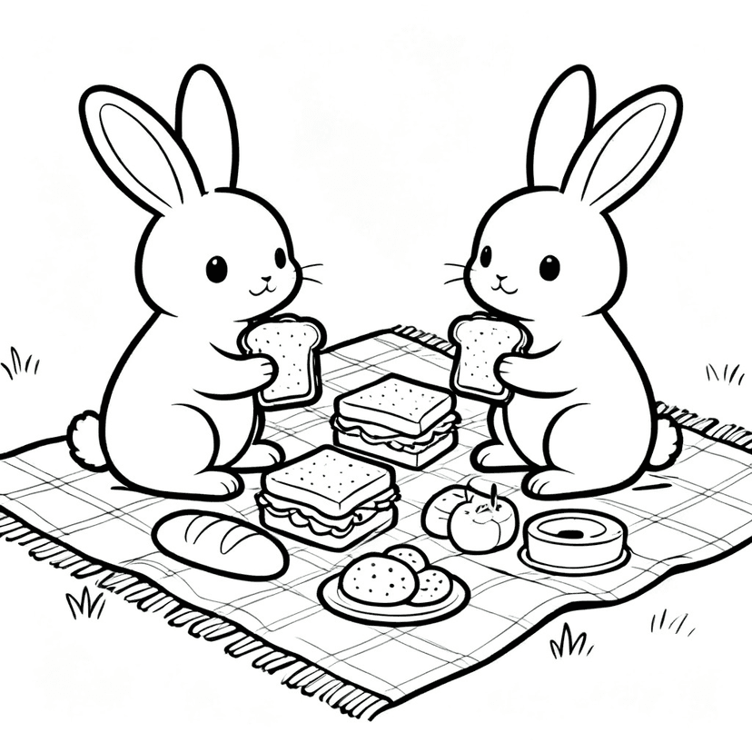 The Bunny Picnic — free printable bunny coloring page