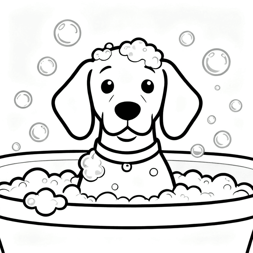 Bath-Time Chaos — free printable dog coloring page