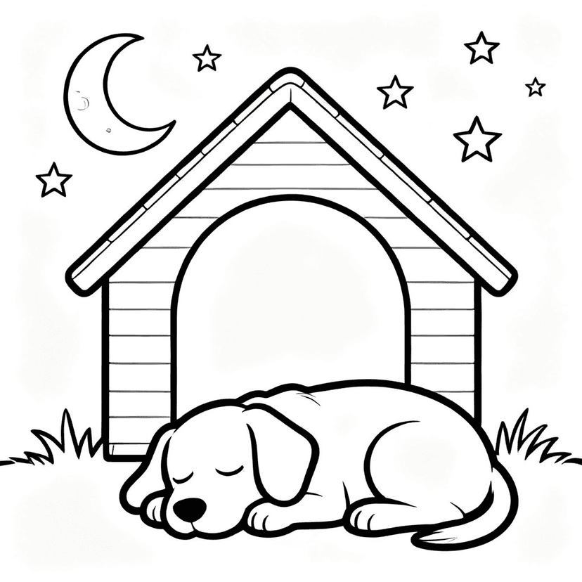 Doghouse Dreams — free printable dog coloring page