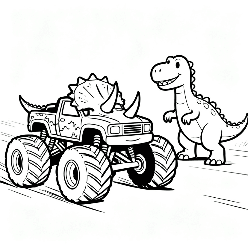 Truck vs. Dinosaur — free printable monster truck coloring page
