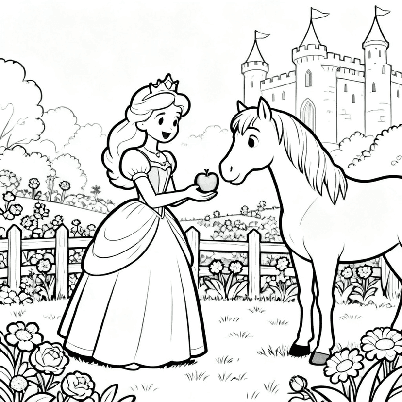 An Apple for the Pony — free printable princess coloring page