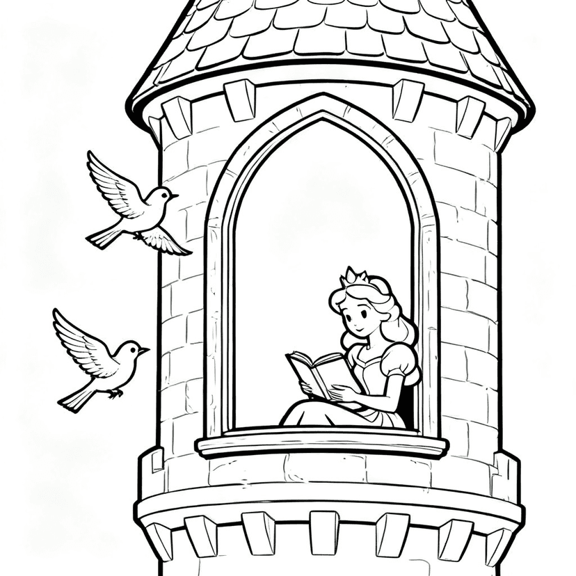 The Tower Library — free printable princess coloring page