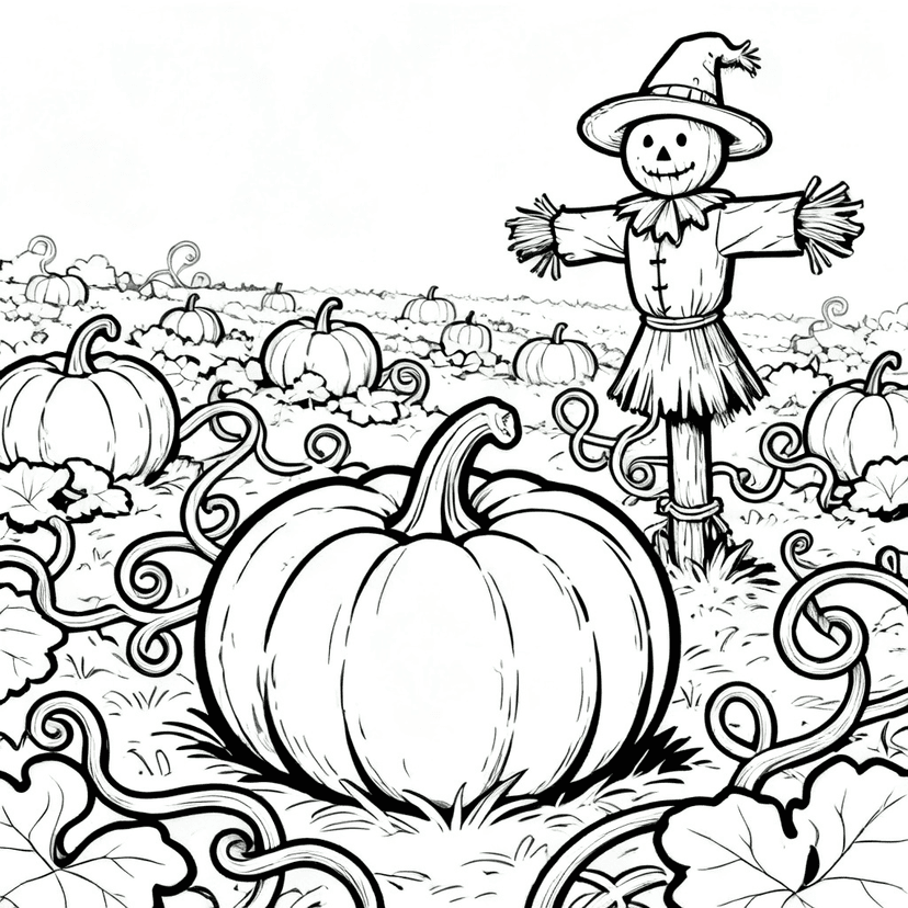 Pumpkin Patch & Scarecrow — free printable pumpkin coloring page