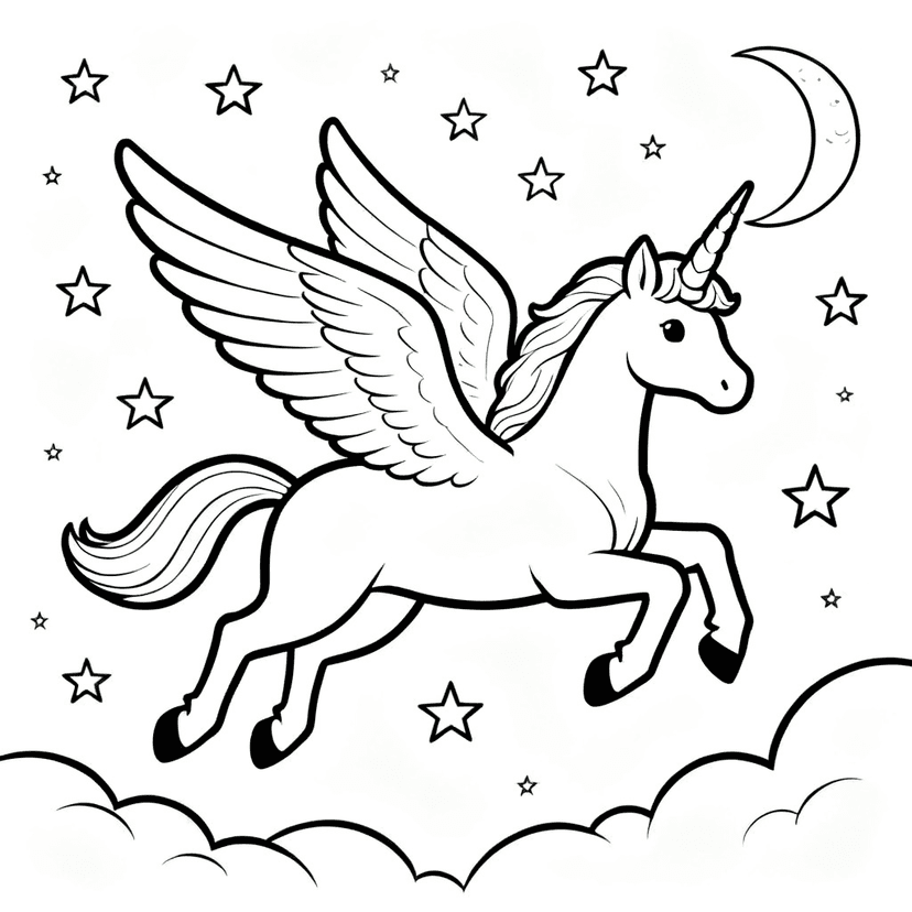 Night Flight — free printable unicorn coloring page