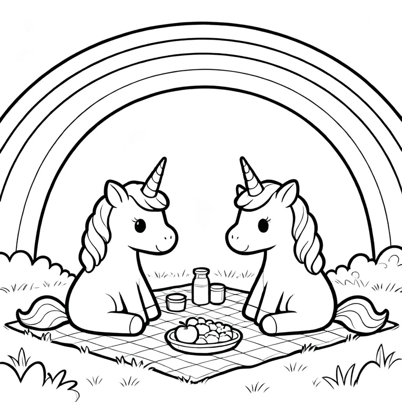 Picnic Under the Rainbow — free printable unicorn coloring page