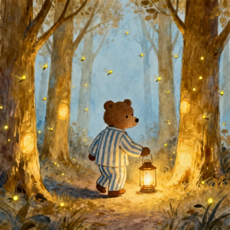 Ilustración cálida: el paseo de buenas noches de un osito por un bosque de faroles, creada con Kidgeni