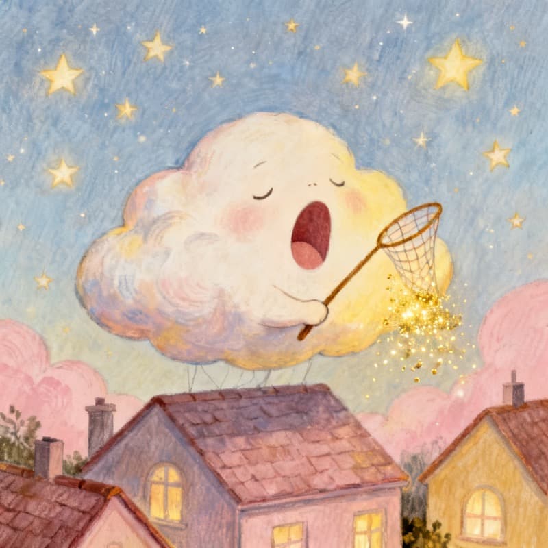 Soft bedtime story illustration of a yawning cloud collecting dreams over rooftops, made with Kidgeni's bedtime story generator