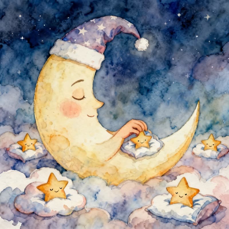 Gentle watercolor bedtime story illustration of the moon tucking stars into bed, made with Kidgeni's bedtime story generator