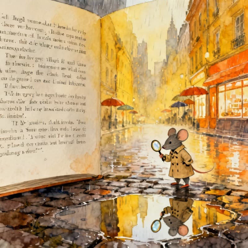 Illustrated storybook spread of a mouse detective in a rainy city, made with Kidgeni's book maker for kids