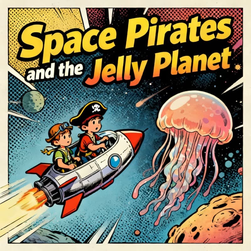 Comic-style children's book cover for Space Pirates and the Jelly Planet, made with Kidgeni's book maker for kids