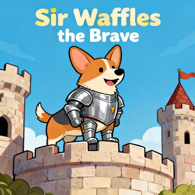 Illustrated children's book cover for Sir Waffles the Brave, a corgi knight, made with Kidgeni's book maker for kids