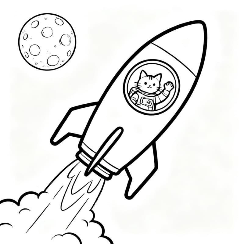 Ausmalbild zum Ausdrucken: eine Rakete fliegt mit einer Astronautenkatze zum Mond, erstellt mit Kidgeni