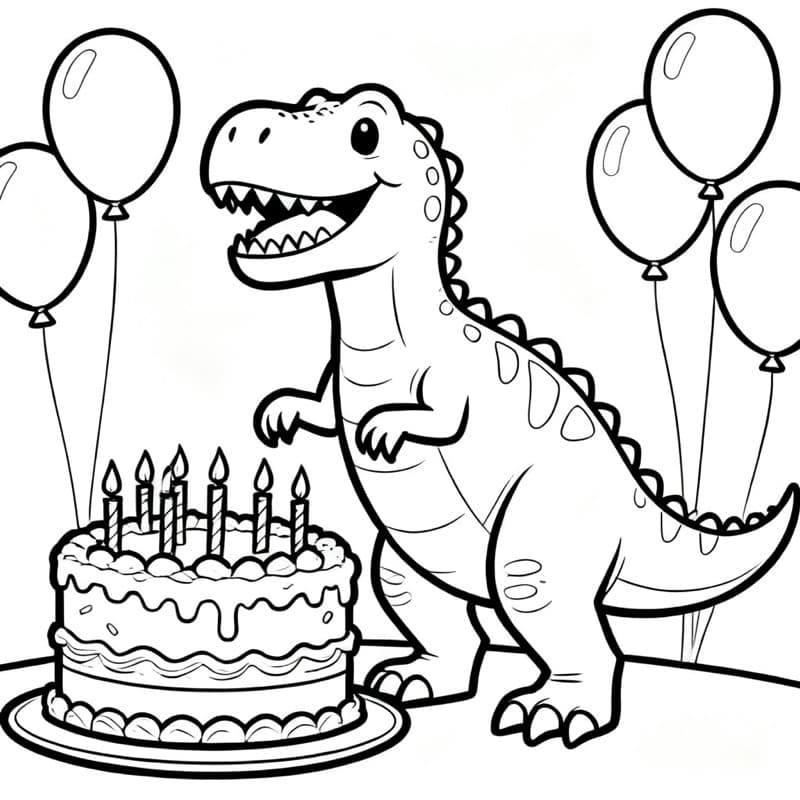 Printable coloring page of a T-rex having a birthday party, made with Kidgeni's AI coloring page maker