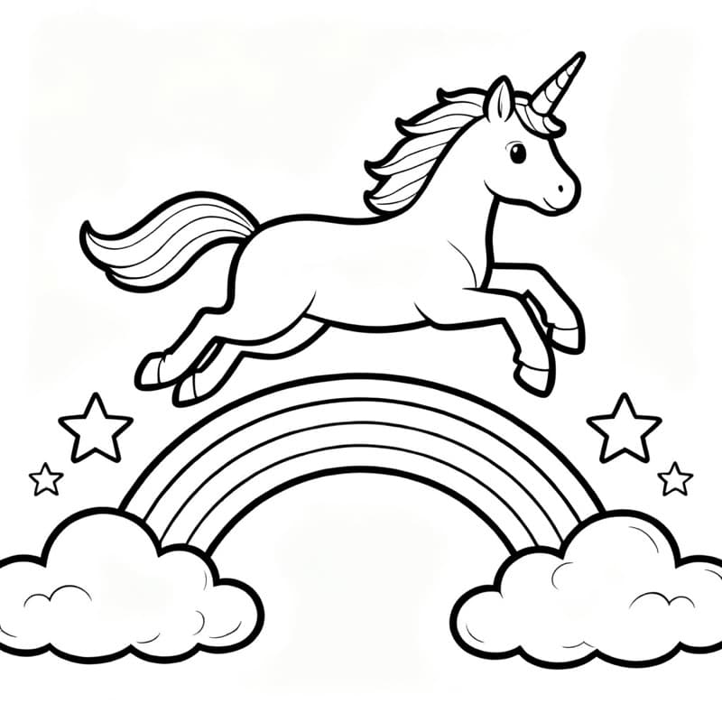 Ausmalbild zum Ausdrucken: ein Einhorn springt über einen Regenbogen, erstellt mit dem KI-Ausmalbild-Generator von Kidgeni