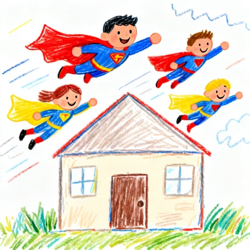 Crayon-style drawing of a family as superheroes made with Kidgeni's drawing app for kids
