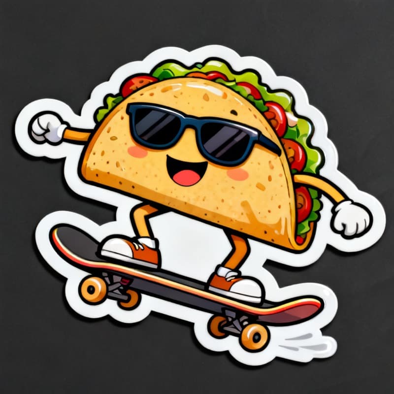 Sticker-style drawing of a taco riding a skateboard made with Kidgeni's drawing app for kids