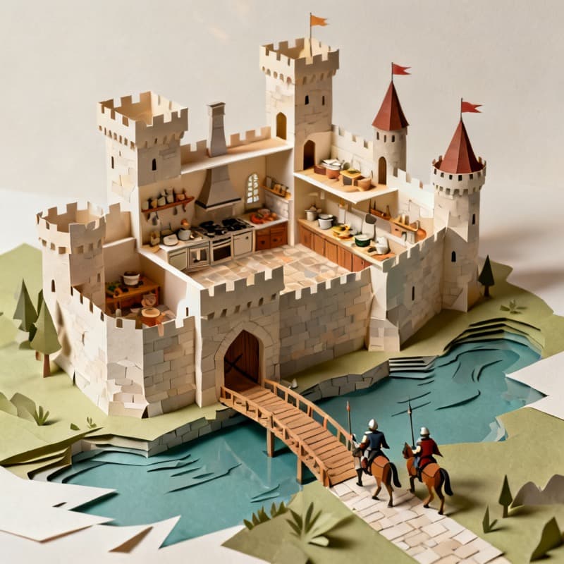 Mittelalterliche Burg im Querschnitt, Scherenschnitt-Stil, als Geschichtsprojekt erstellt mit Kidgeni