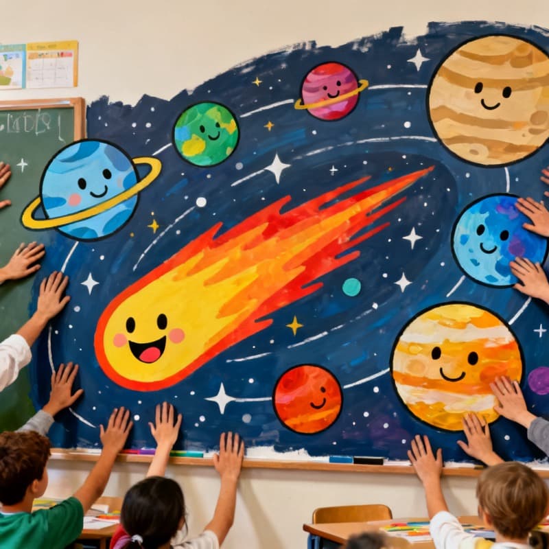 Solar system mural artwork made as a classroom AI art project with Kidgeni