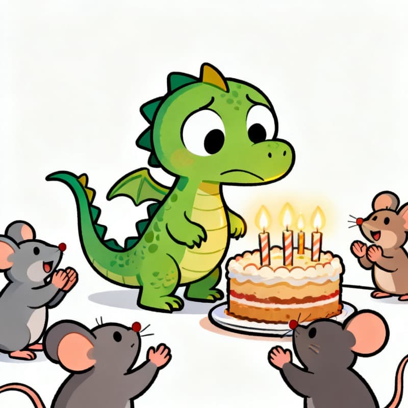 Illustrated AI story scene of a dragon afraid of birthday candles, made with Kidgeni's story generator for kids