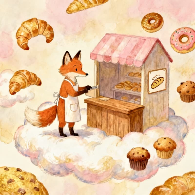 Illustrated AI story scene of a fox opening a bakery on a cloud, made with Kidgeni's story generator for kids
