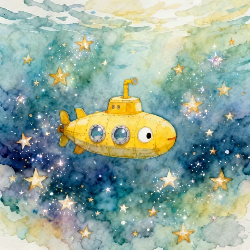 Illustrated AI story scene of a little submarine exploring a sea of stars, made with Kidgeni's story generator for kids