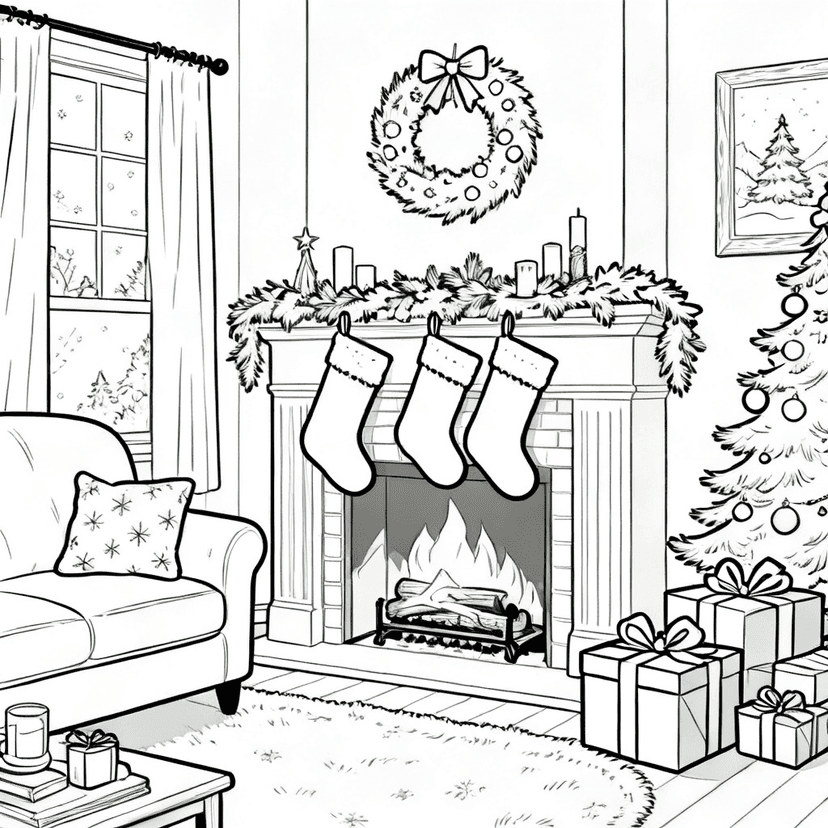 Christmas Morning Fireplace — free printable christmas coloring page