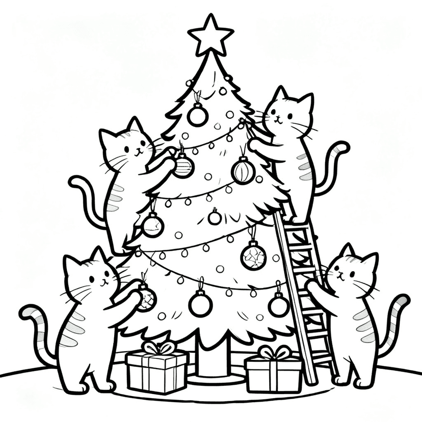 Cats Decorating the Tree — free printable christmas tree coloring page