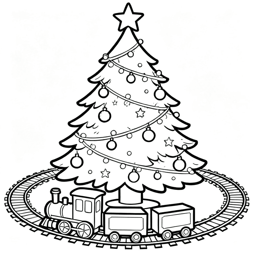 Train Around the Tree — free printable christmas tree coloring page