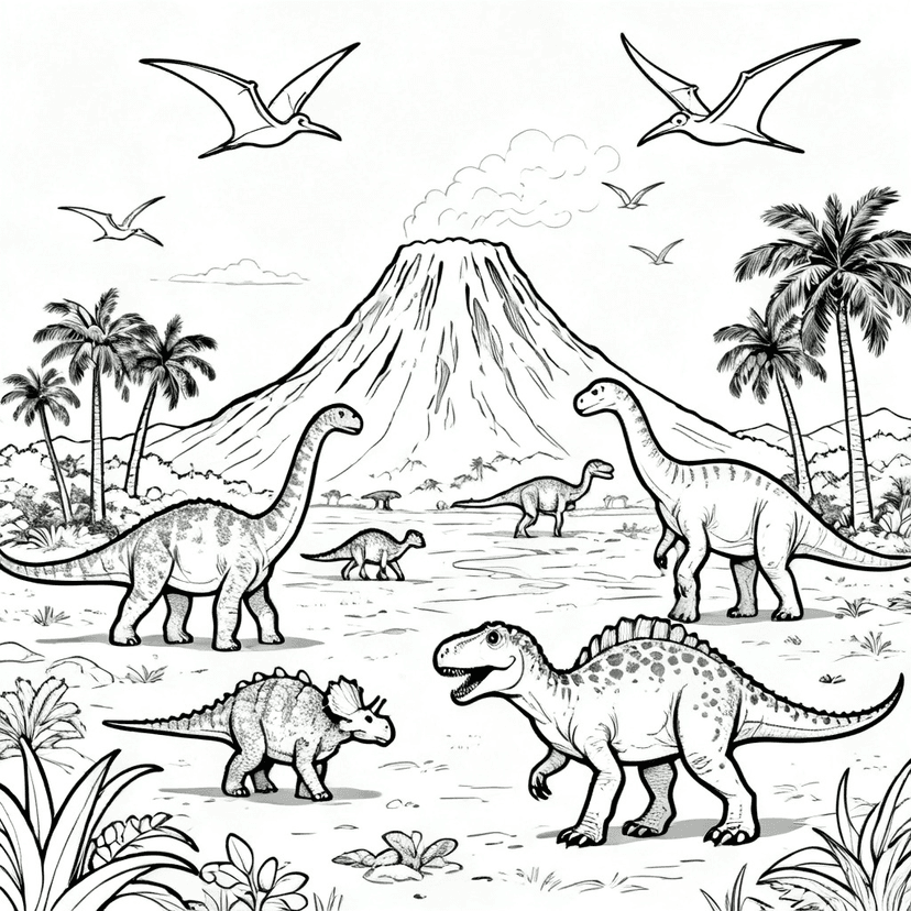 Big Cretaceous Scene — free printable dinosaur coloring page