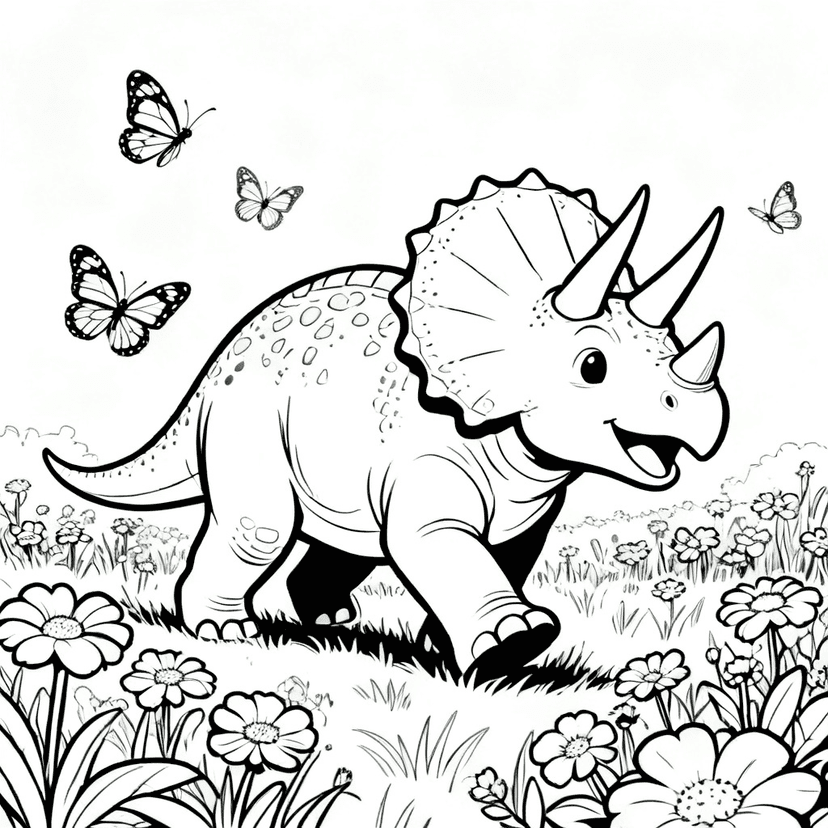 Triceratops in the Meadow — free printable dinosaur coloring page