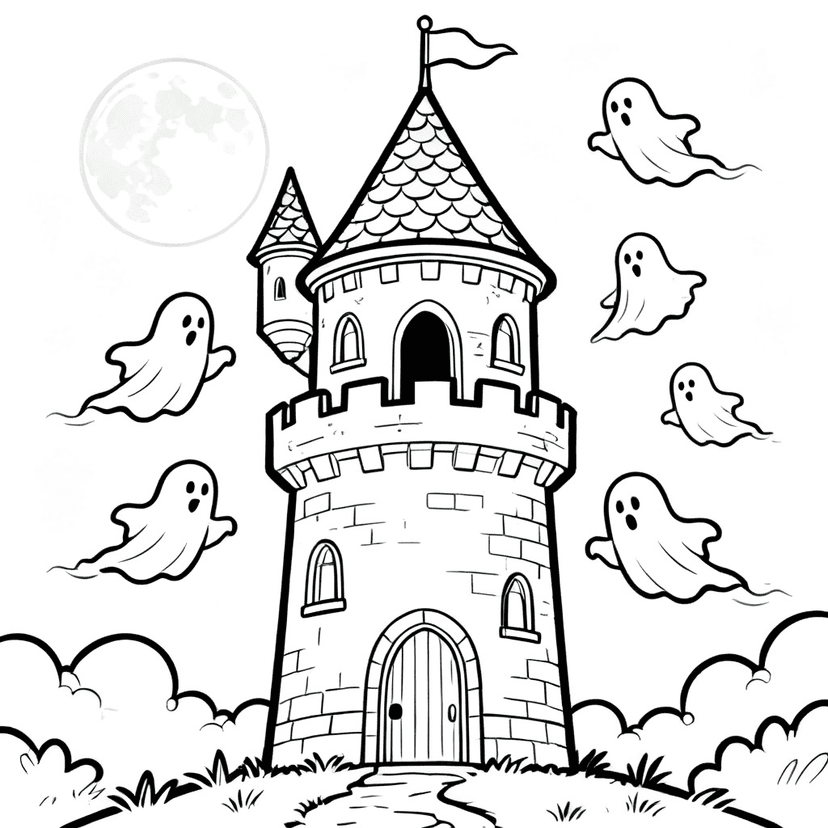 Ghosts at the Castle — free printable ghost coloring page