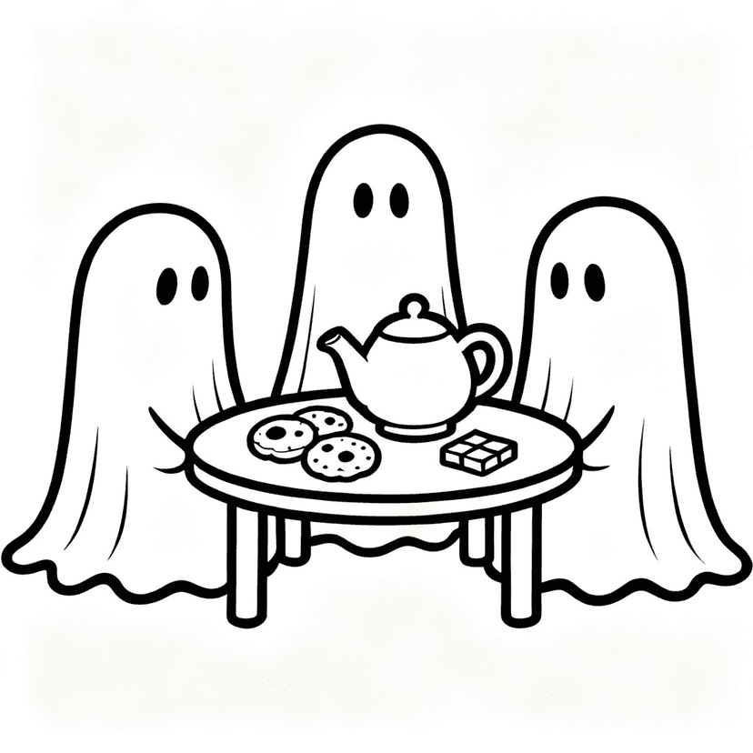 Ghost Tea Party — free printable ghost coloring page