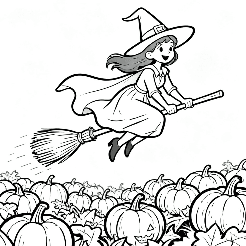 Witch Over the Pumpkin Patch — free printable halloween coloring page