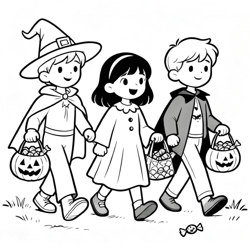 Trick-or-Treat Crew — free printable halloween coloring page