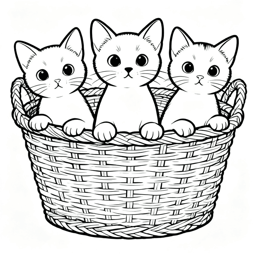 Three in a Basket — free printable kitten coloring page