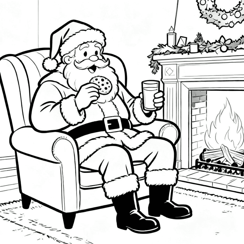 Santa's Cookie Break — free printable santa coloring page