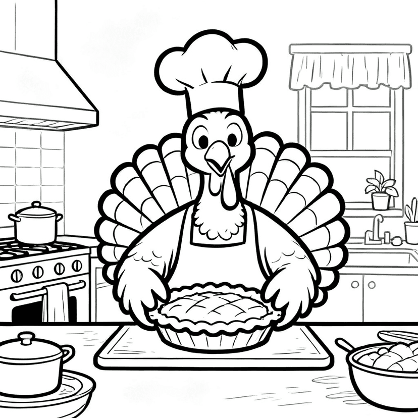 Chef Turkey Bakes — free printable turkey coloring page