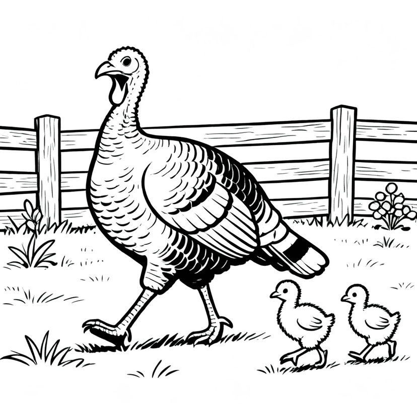 Turkey Family Walk — free printable turkey coloring page