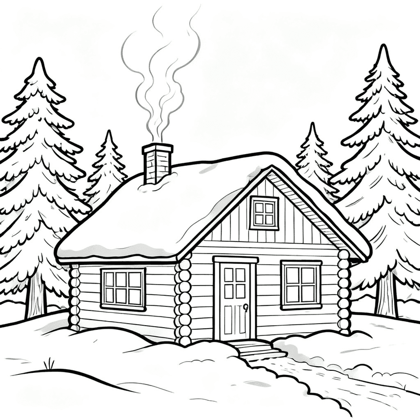 The Cozy Cabin — free printable winter coloring page